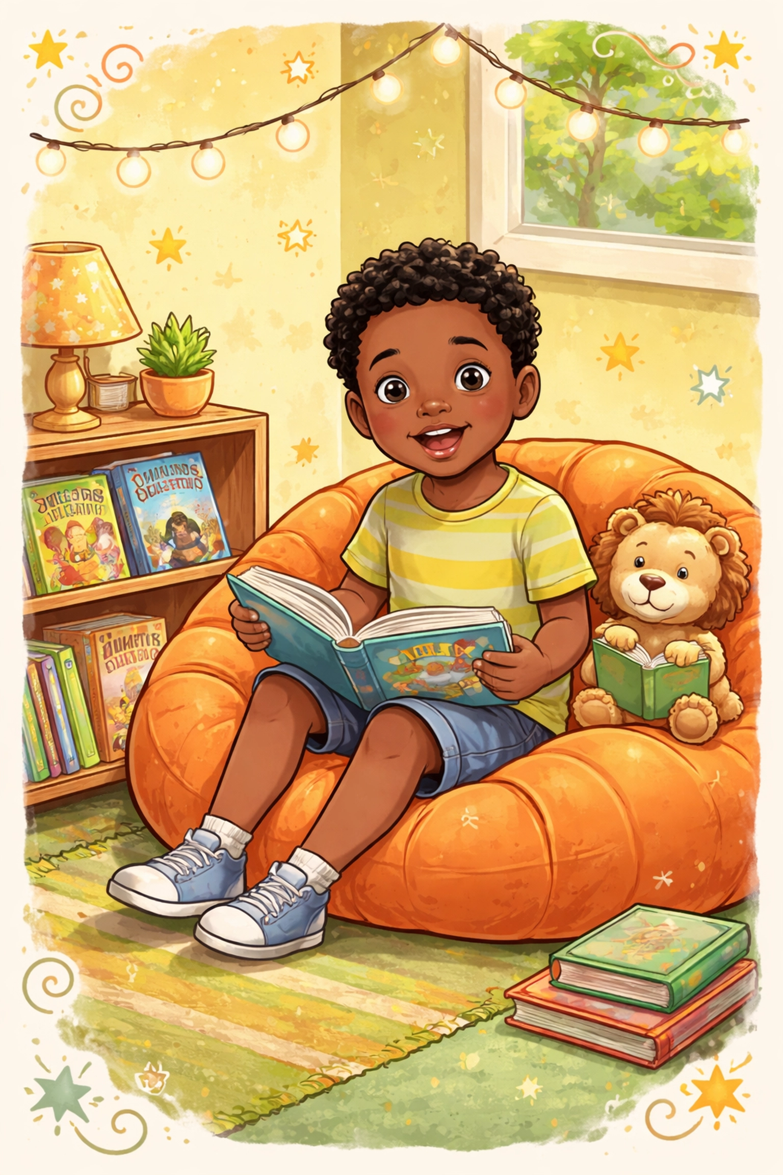 A young Black boy enjoys a picture book on an orange beanbag in a cozy reading corner with books and a plush lion buddy, inspiring engaging family reading spaces.