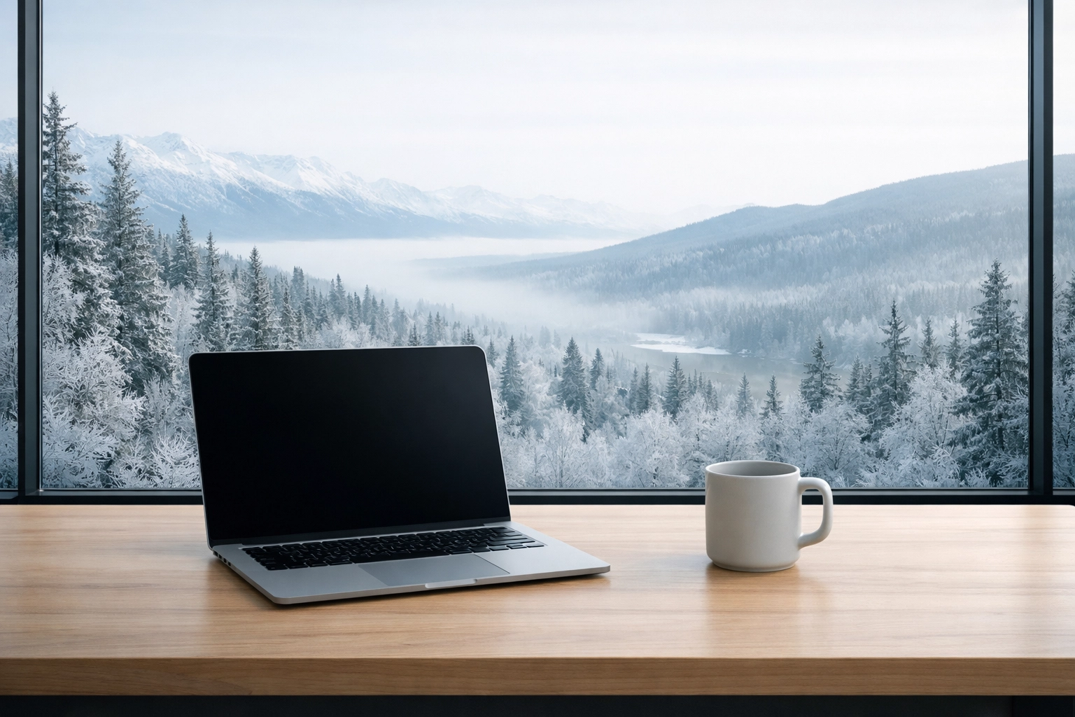 A sleek laptop on a desk with a view of a misty Alaskan forest, highlighting liability insurance alaska.
