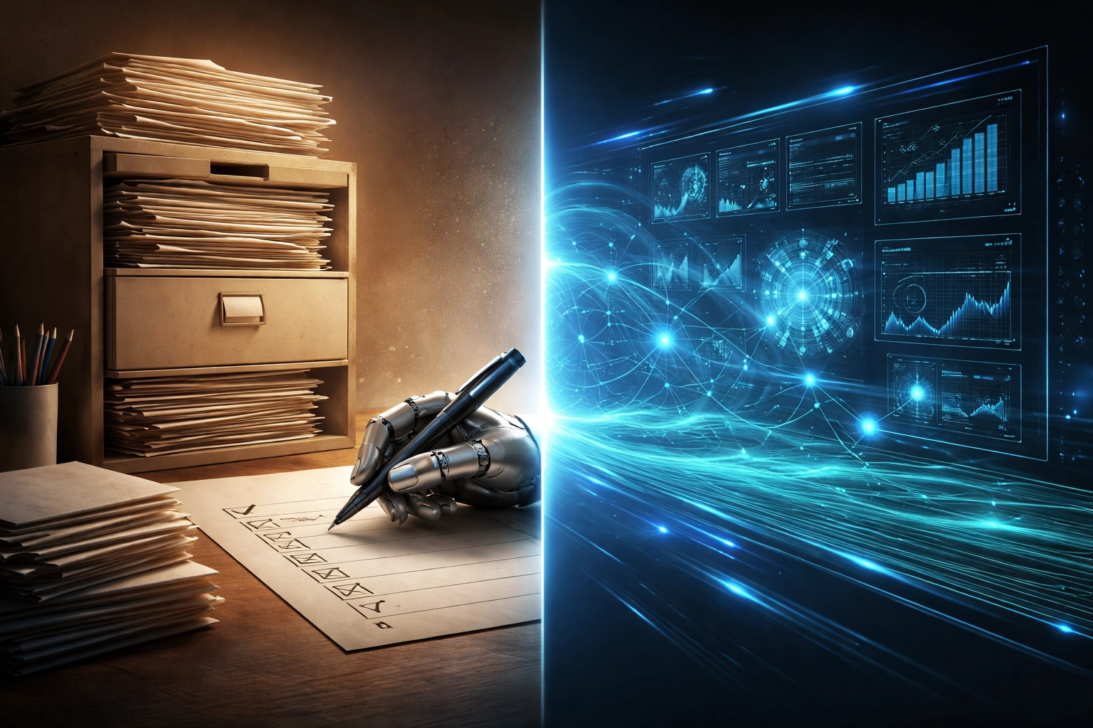 Visual comparison of traditional compliance paperwork and modern AI governance dashboard for risk management