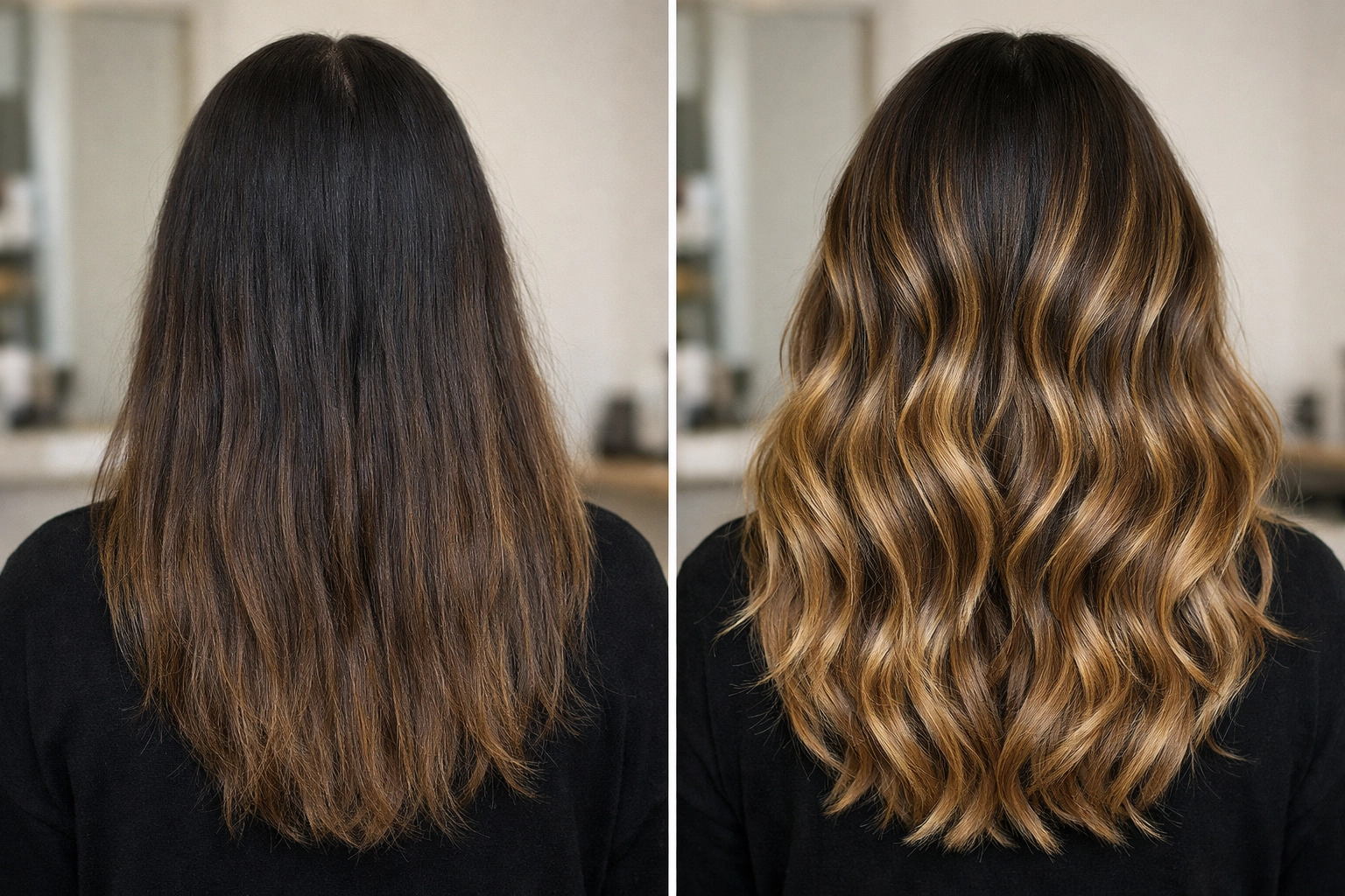 Dramatic hair color transformation from dark to dimensional honey balayage in Concord.