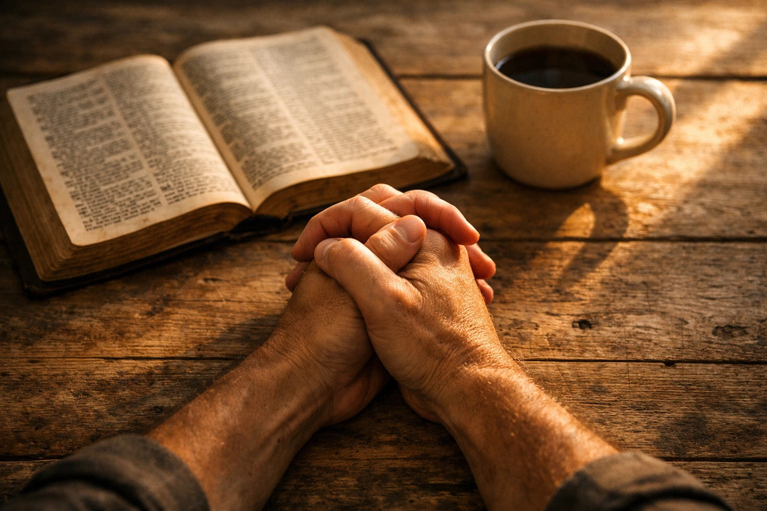 Hands clasped in prayer over open Bible on wooden table representing faith and peace during difficult news