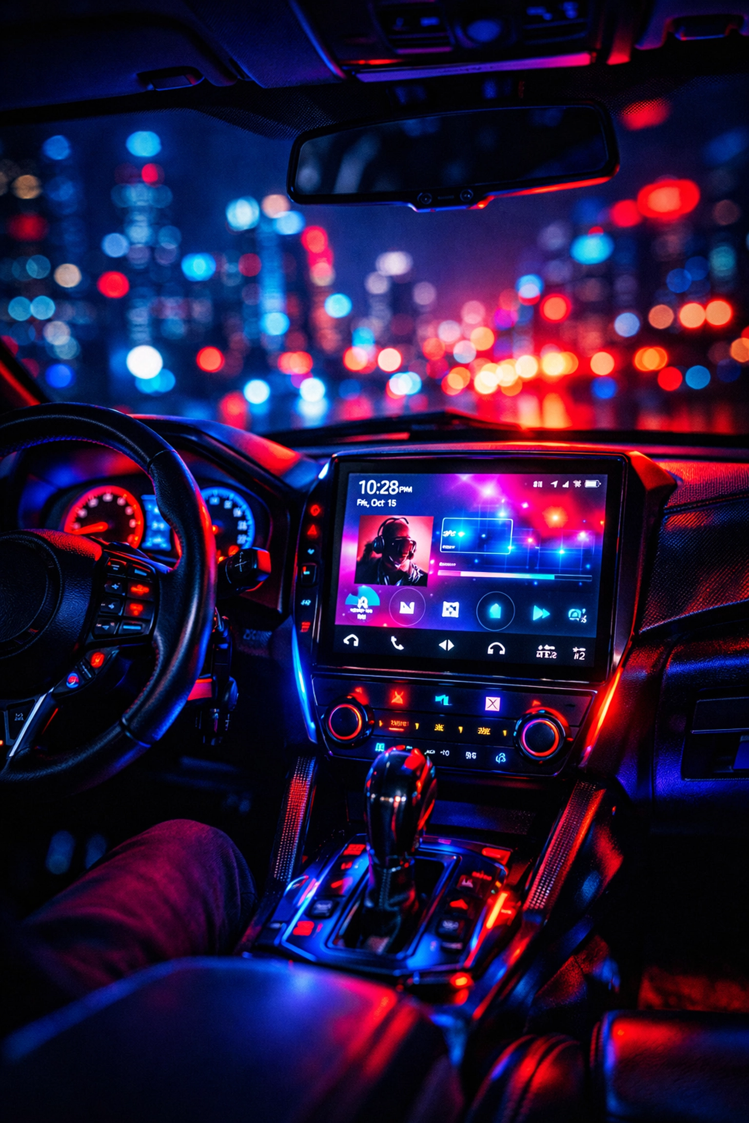 Modern touchscreen head unit and custom audio setup installed in a car for a premium sound experience.