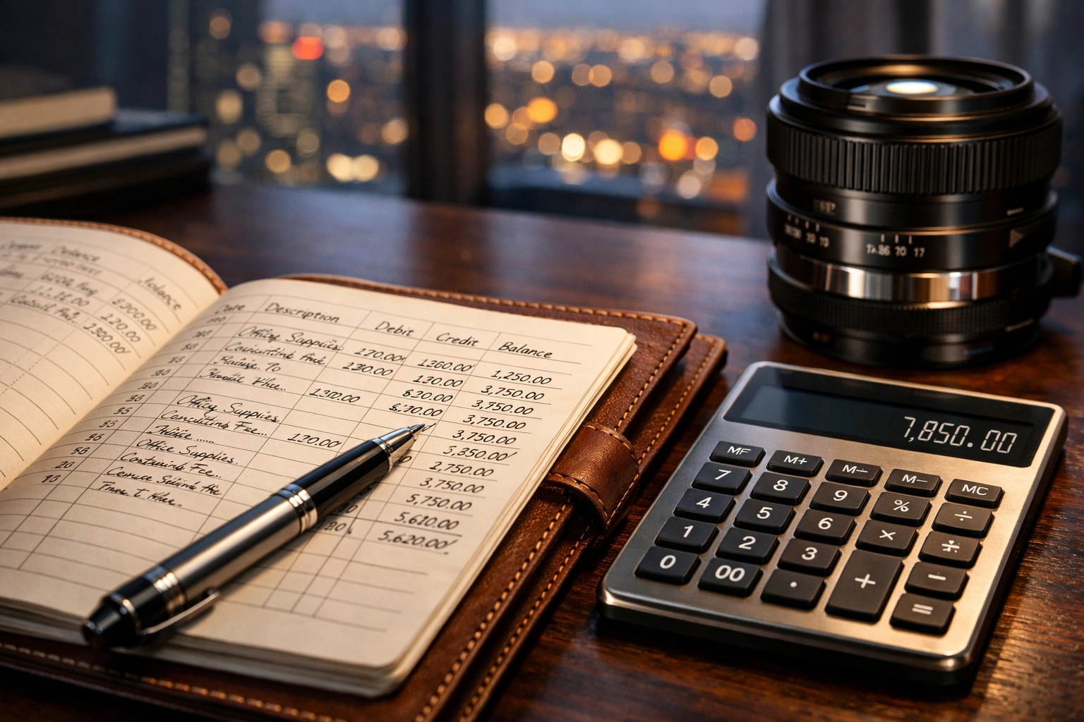 Accounting ledger and professional tools illustrating organized quarterly taxes for self employed record-keeping.