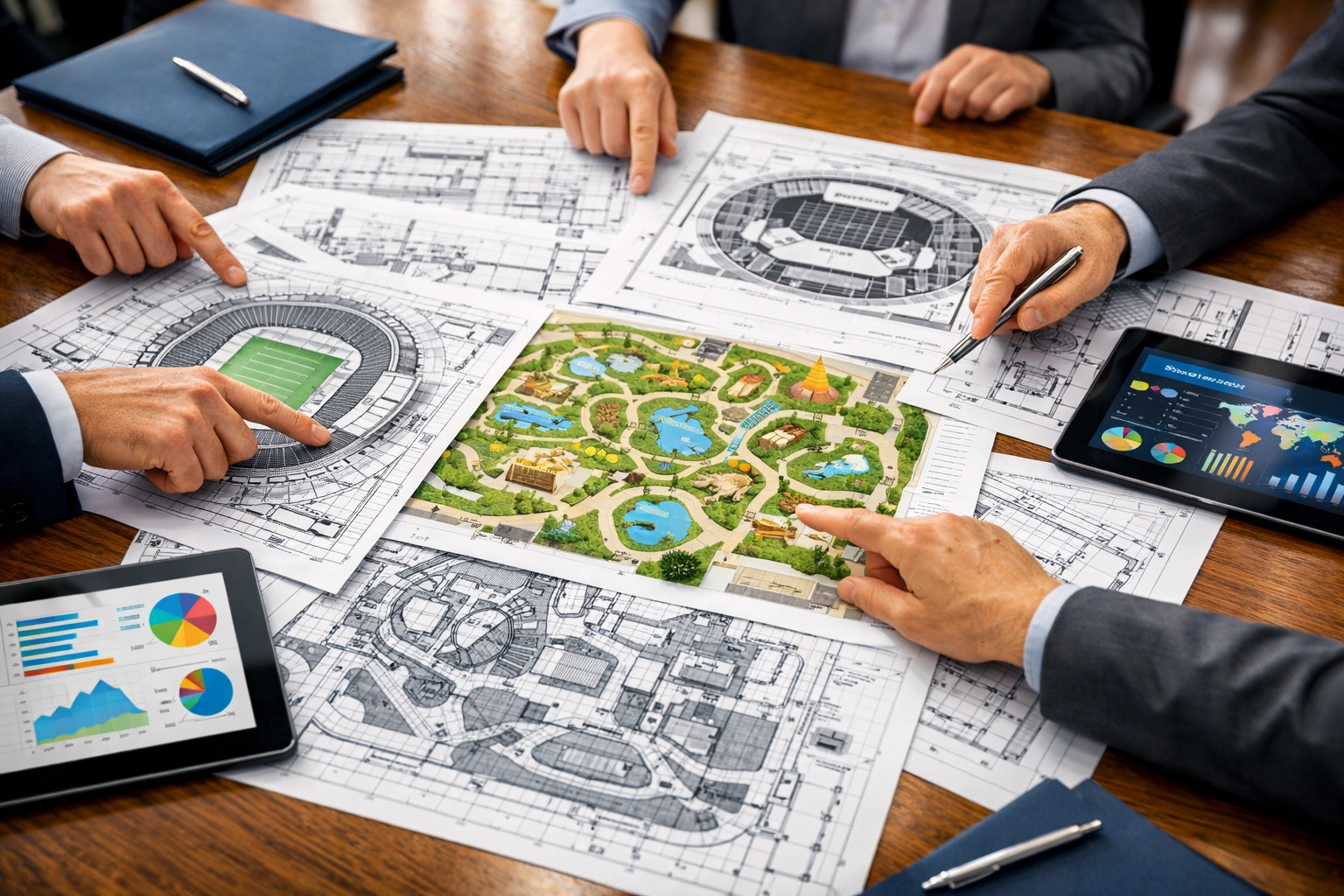 Cross-industry strategy meeting with sports venue and entertainment space blueprints and digital analytics