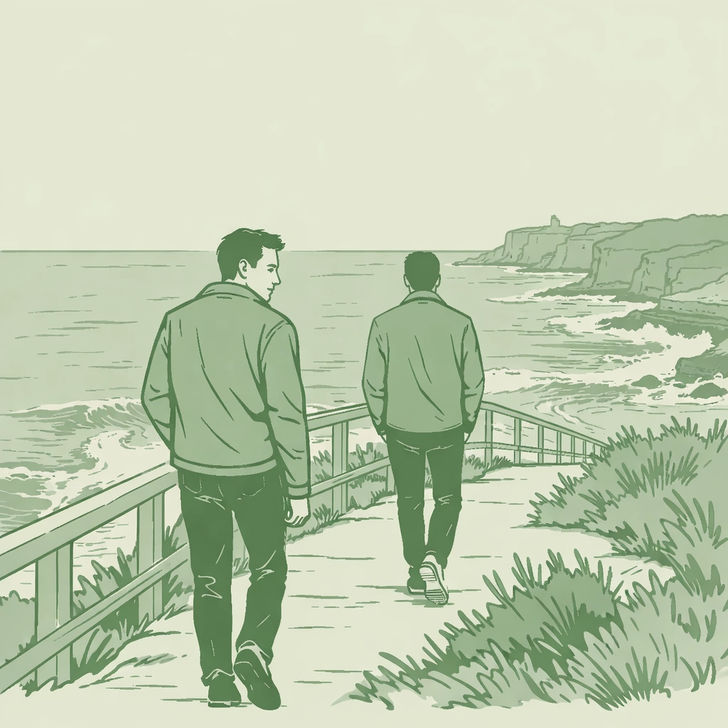 Two men walking Sydney coastal path - emotional connection in MM step-brother romance