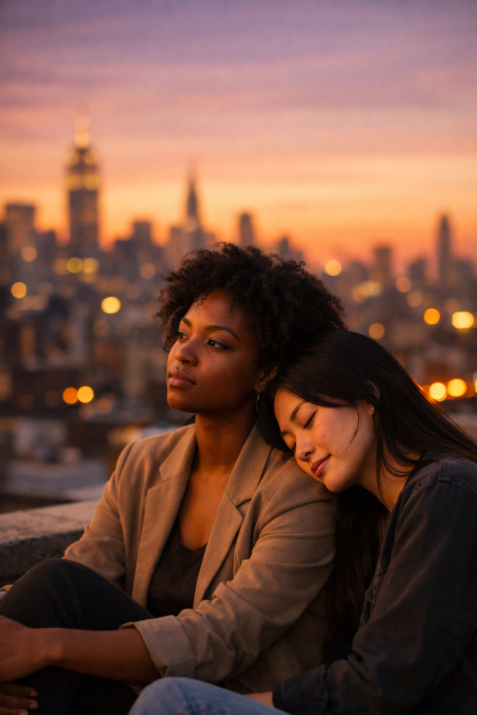 Two women sharing intimate rooftop moment at sunset - sapphic romance in Honey Girl by Morgan Rogers