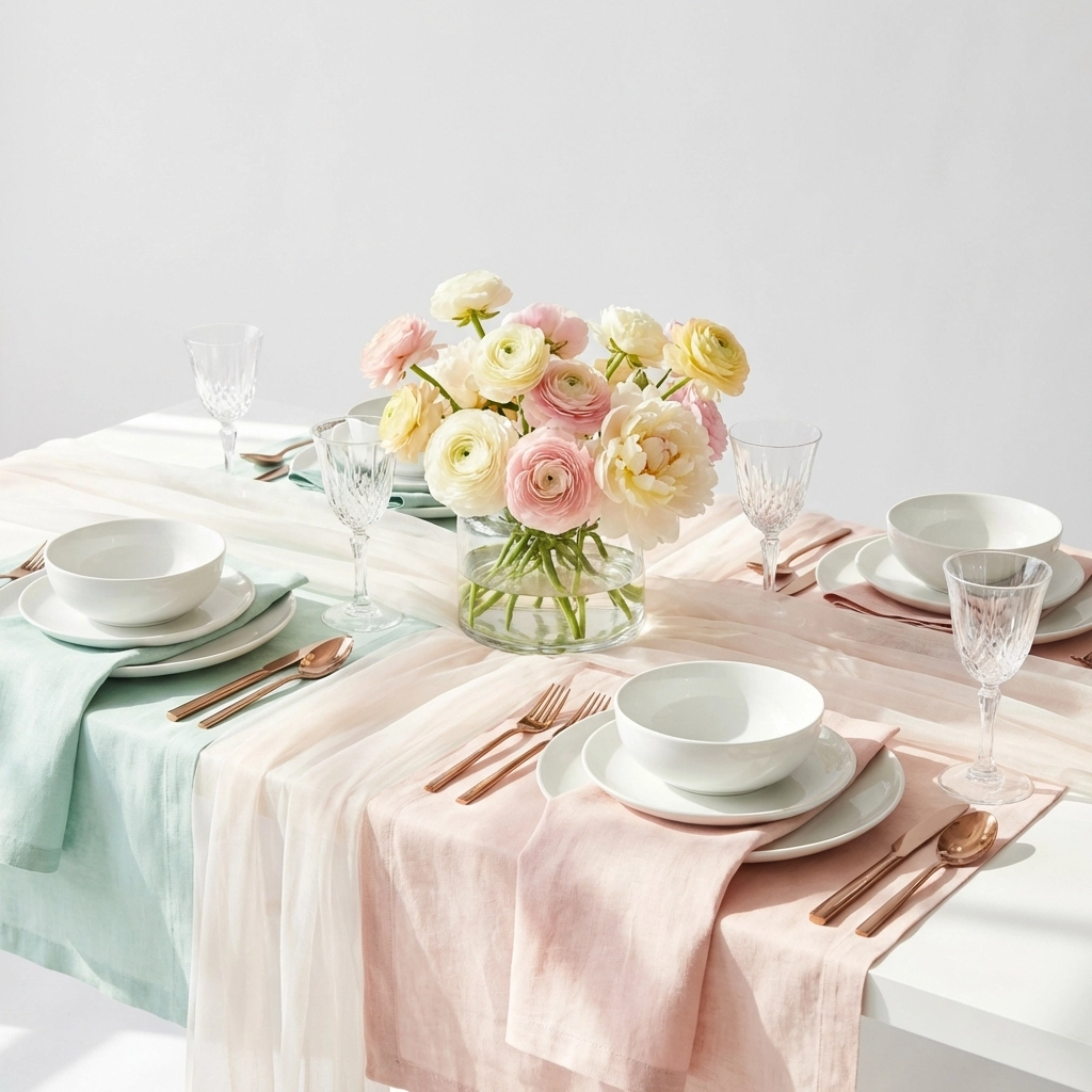 Elegant spring tablescape with pastel linens, white dinnerware, rose gold flatware, and floral centerpiece for creative event design