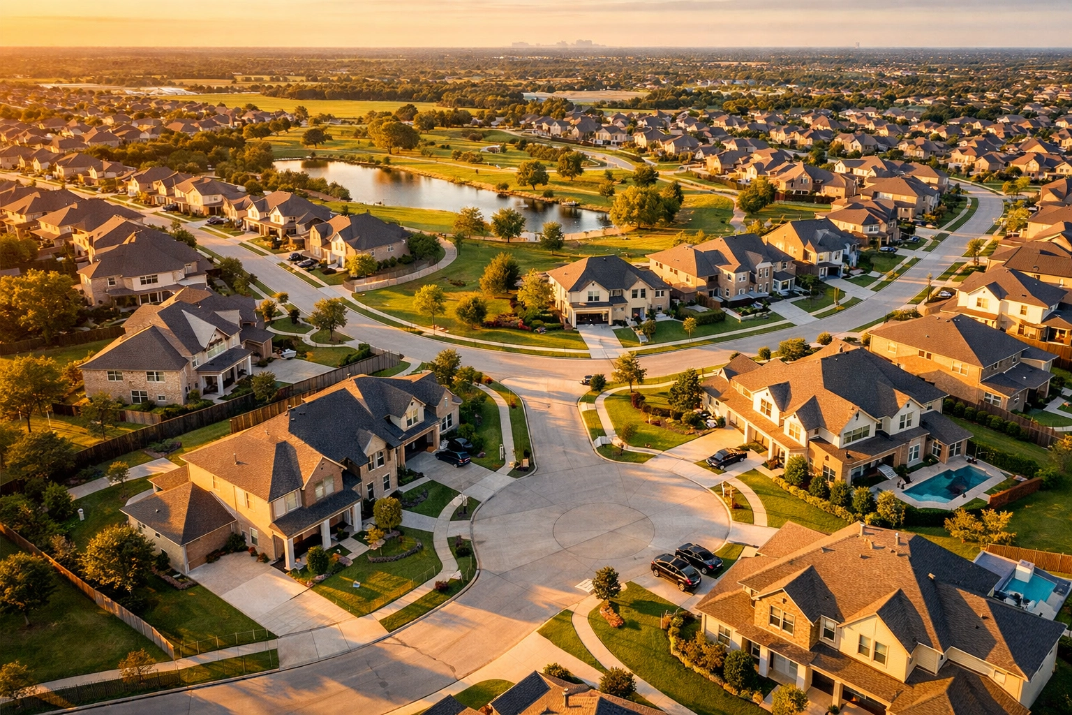 Aerial view of new construction neighborhood in Houston with corner lots and cul-de-sacs