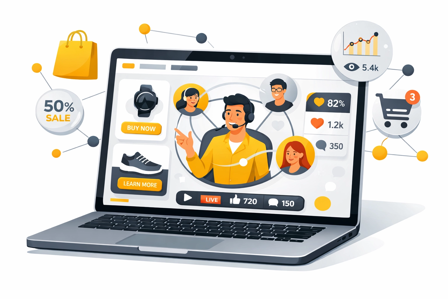 Interactive webinar platform interface with product showcases, engagement tracking, and built-in shopping features