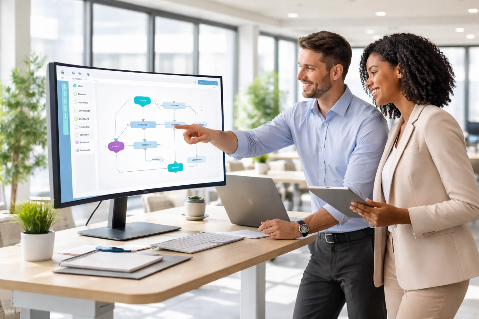 Two professionals collaborating on custom CRM workflow in a bright office, highlighting CRM customization benefits