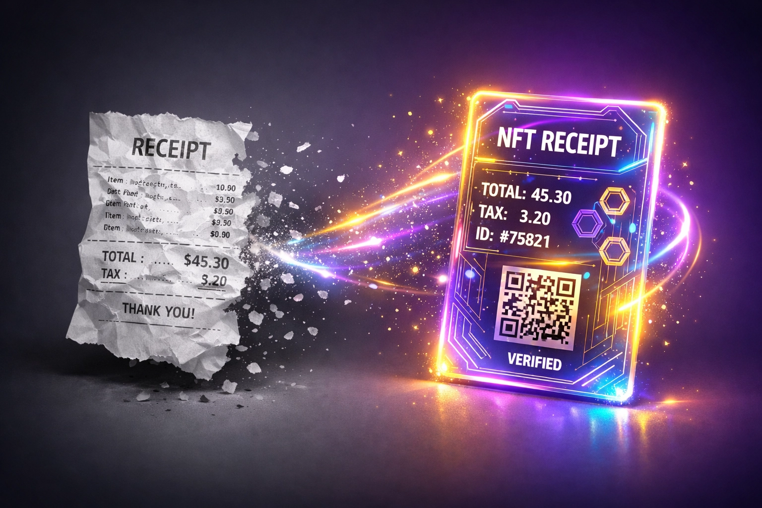 Traditional receipt transforming into NFT blockchain receipt for transparent crypto payments