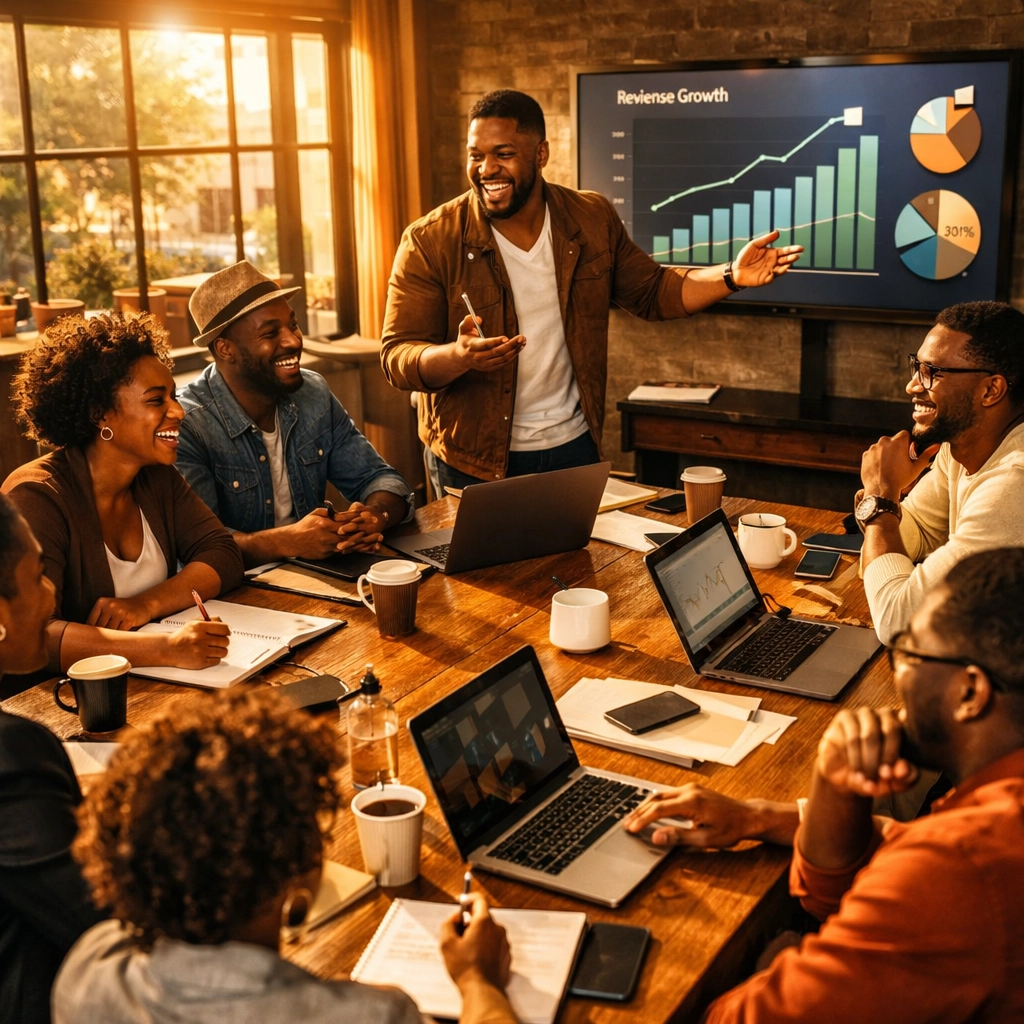 Black entrepreneurs collaborating on business growth strategies in modern co-working space