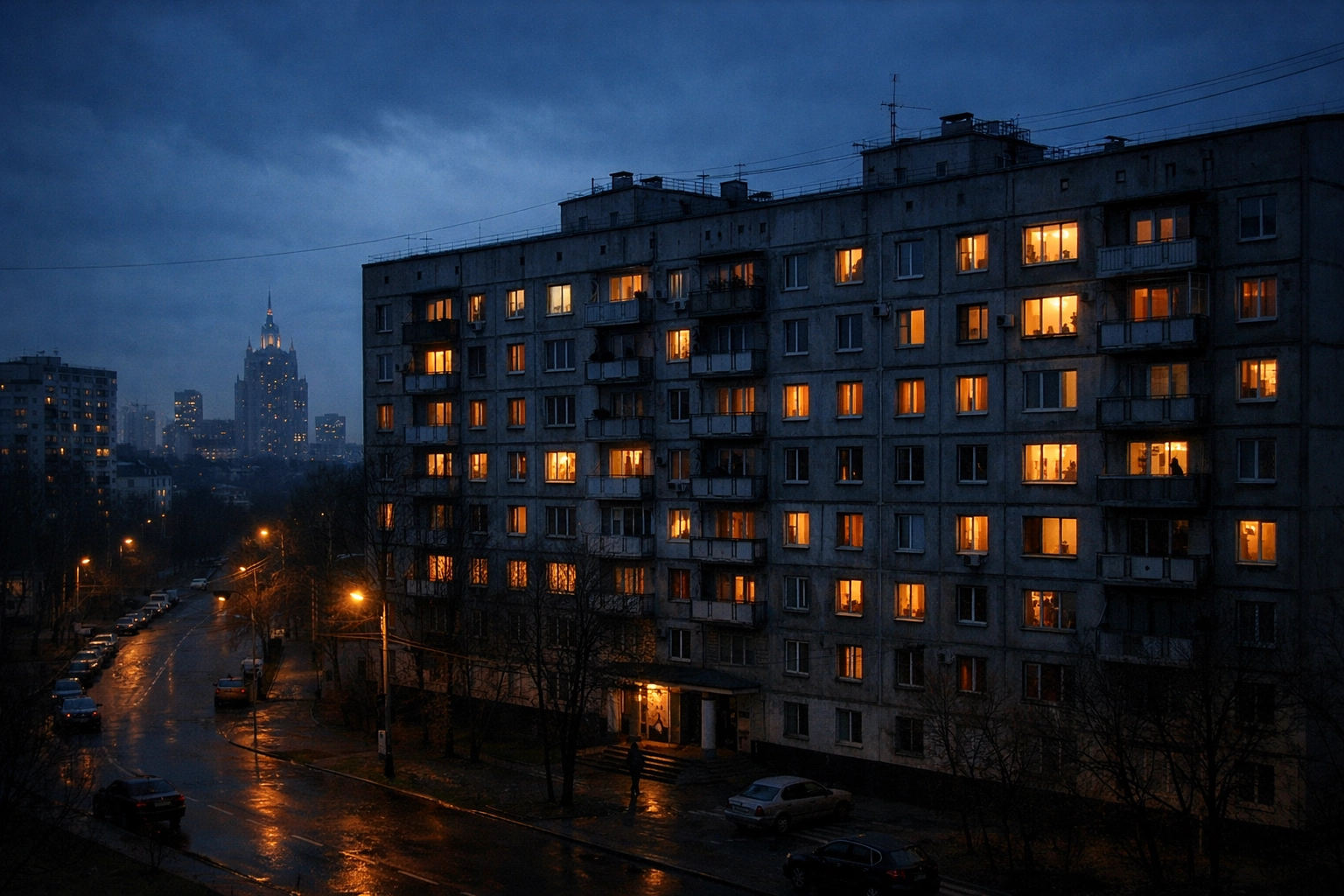 Moscow apartment building at dusk where General Alekseyev was shot in February 2026