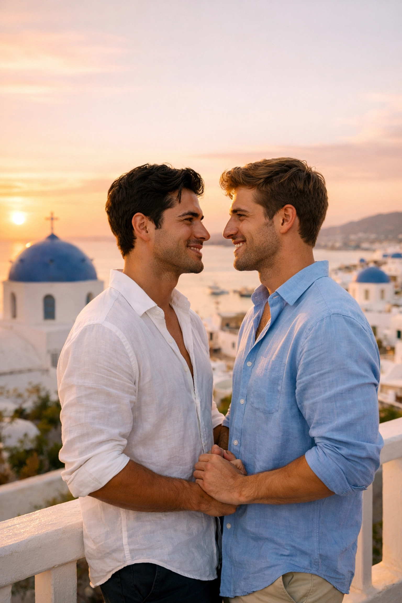 Gay couple holding hands at sunset on Mykonos balcony overlooking Aegean Sea