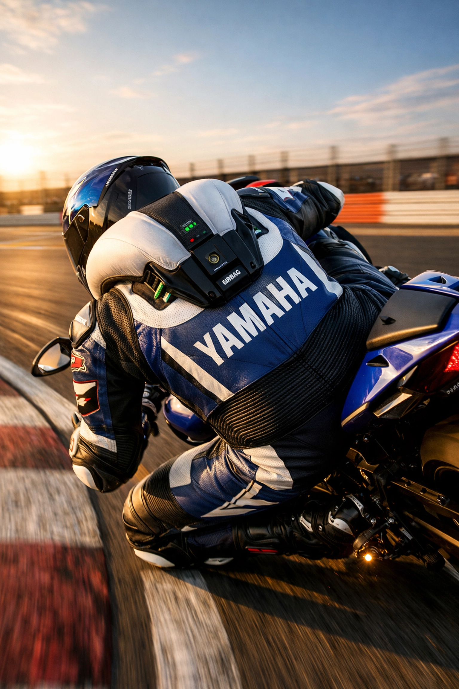 Yamaha motorcycle racer on a track wearing an integrated electronic airbag safety suit.