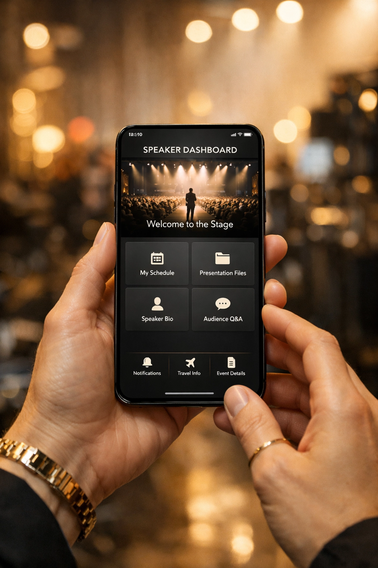 Event planner using a mobile speaker dashboard to manage professional keynote bookings and assets.