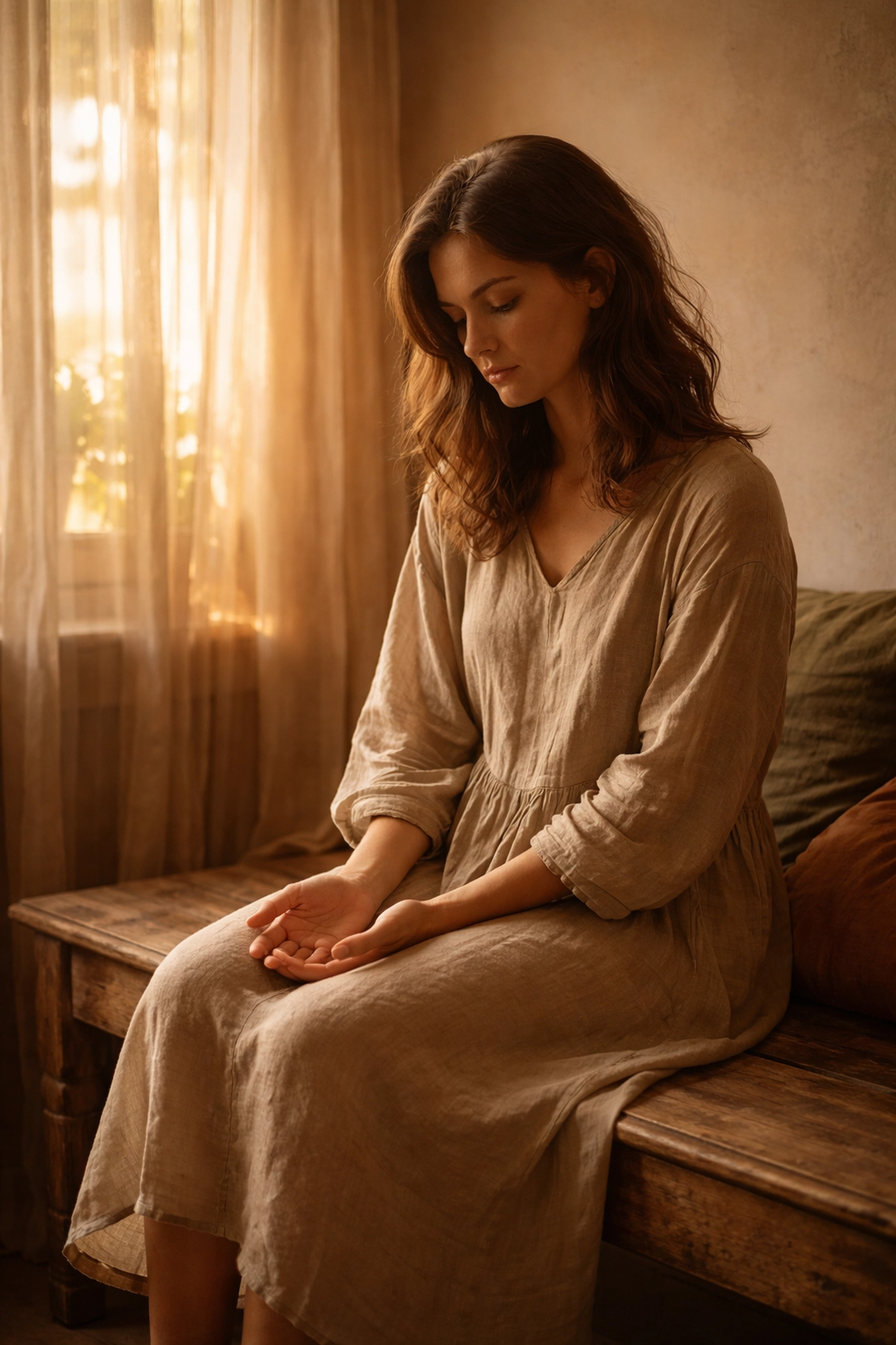 A woman sits alone on a bench in soft sunlight, reflecting on emotional inheritance and mental health.