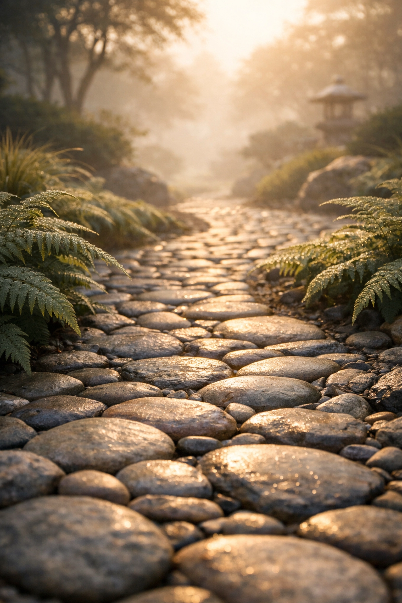 A stone path through a misty garden, symbolizing the grounded journey to nervous system regulation and inner mastery.