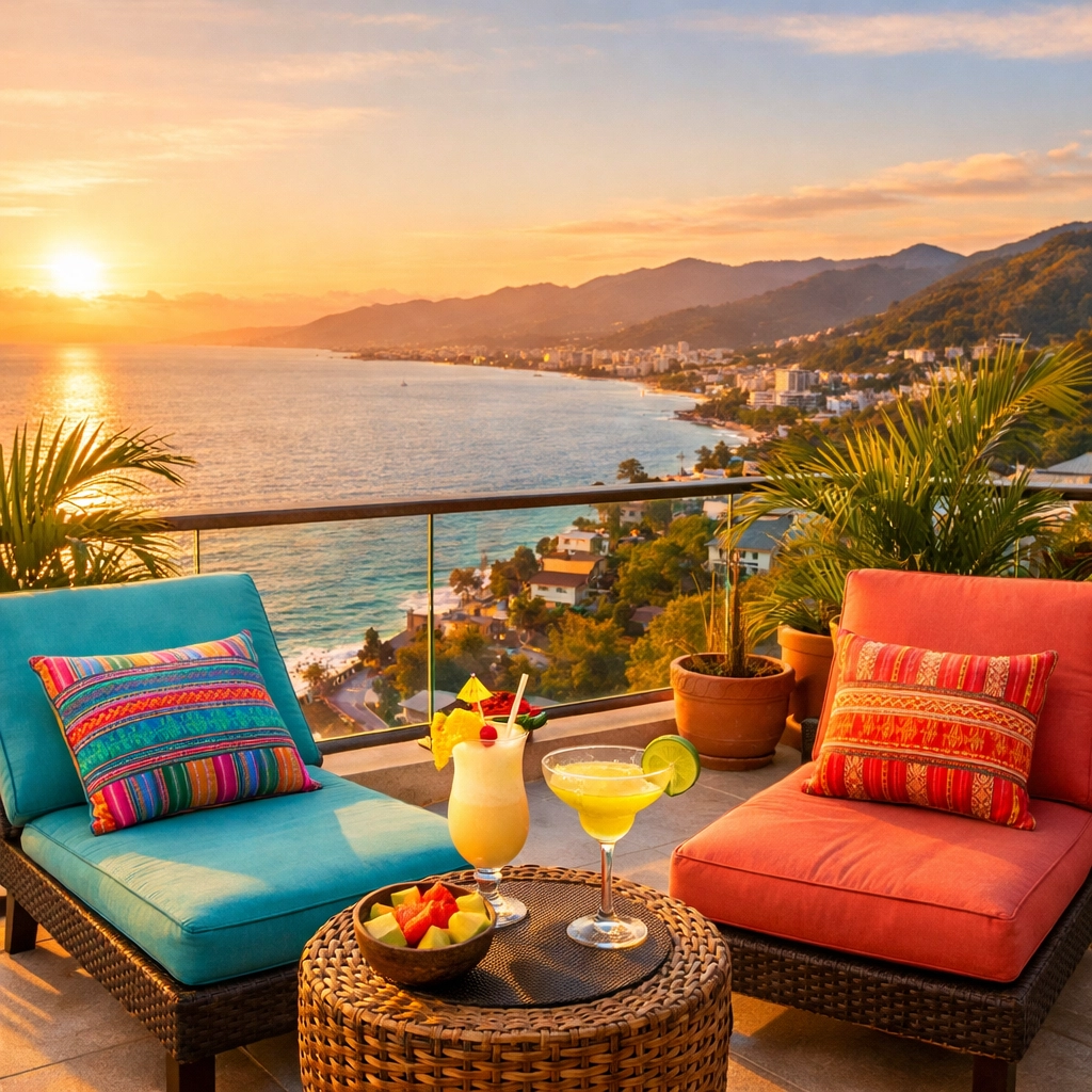 Furnished terrace at Amapas vacation rental with ocean views and tropical drinks