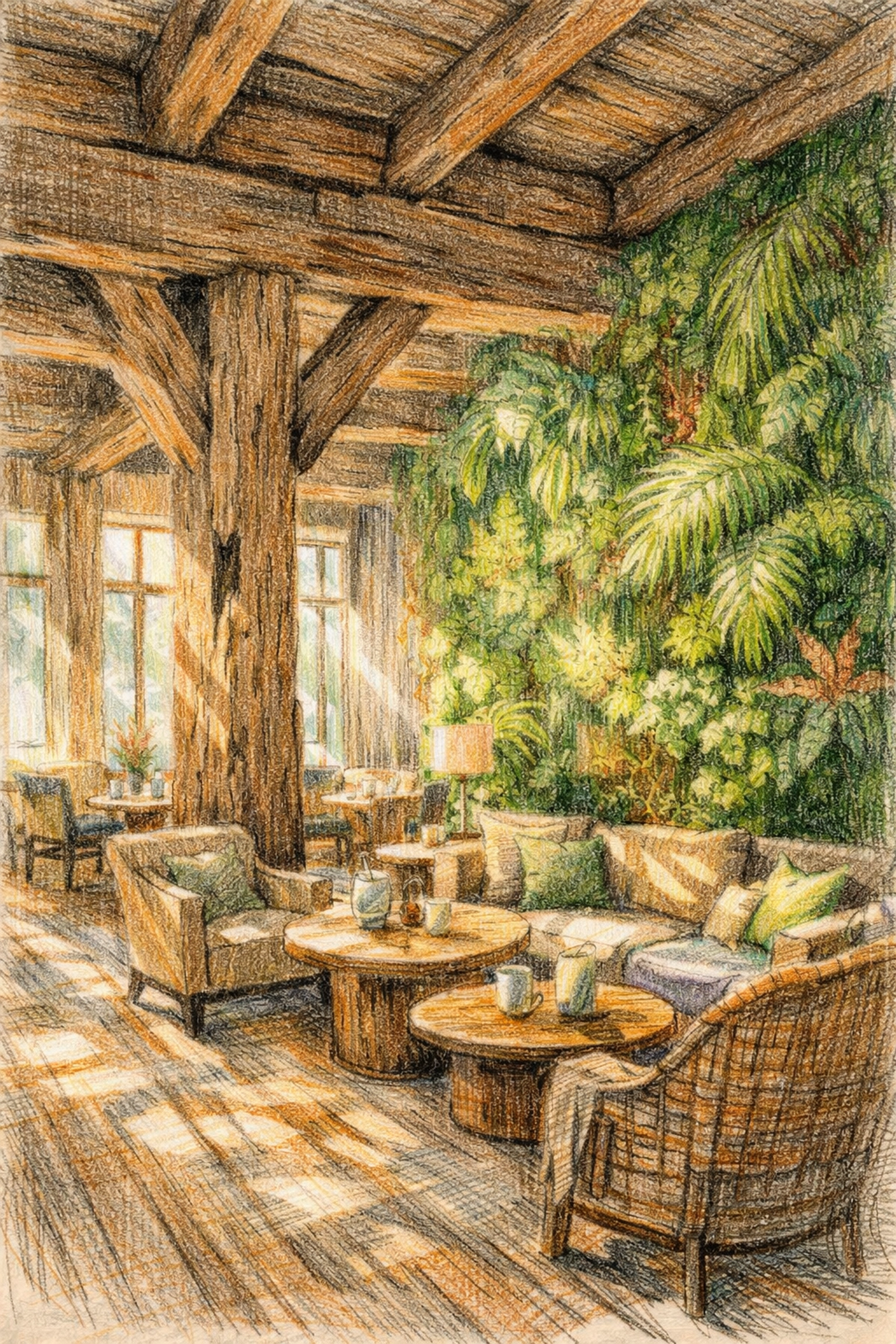 Sustainable hotel architecture featuring a lush vertical garden and reclaimed oak beams in a bright lounge.