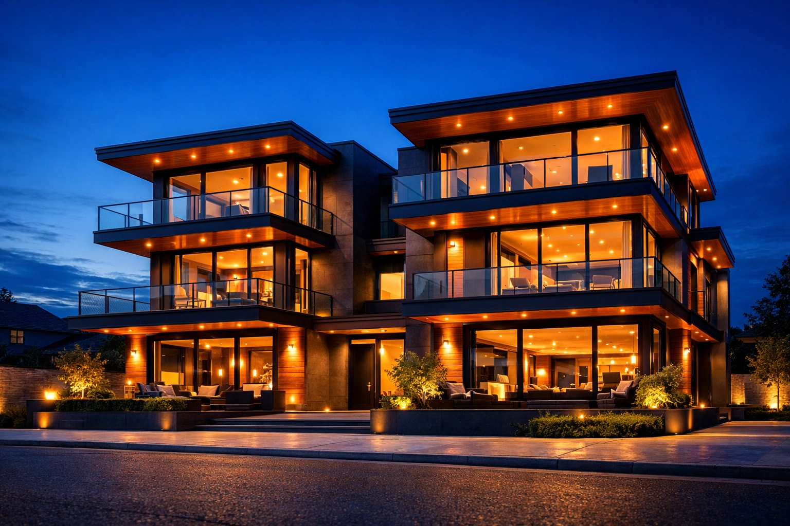 Modern luxury duplex with warm lighting representing direct real estate investment and property ownership.