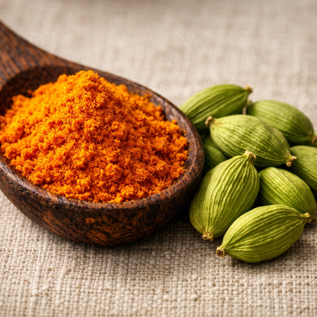 Close-up of vibrant orange turmeric powder and fresh green cardamom pods to check spice quality and color.