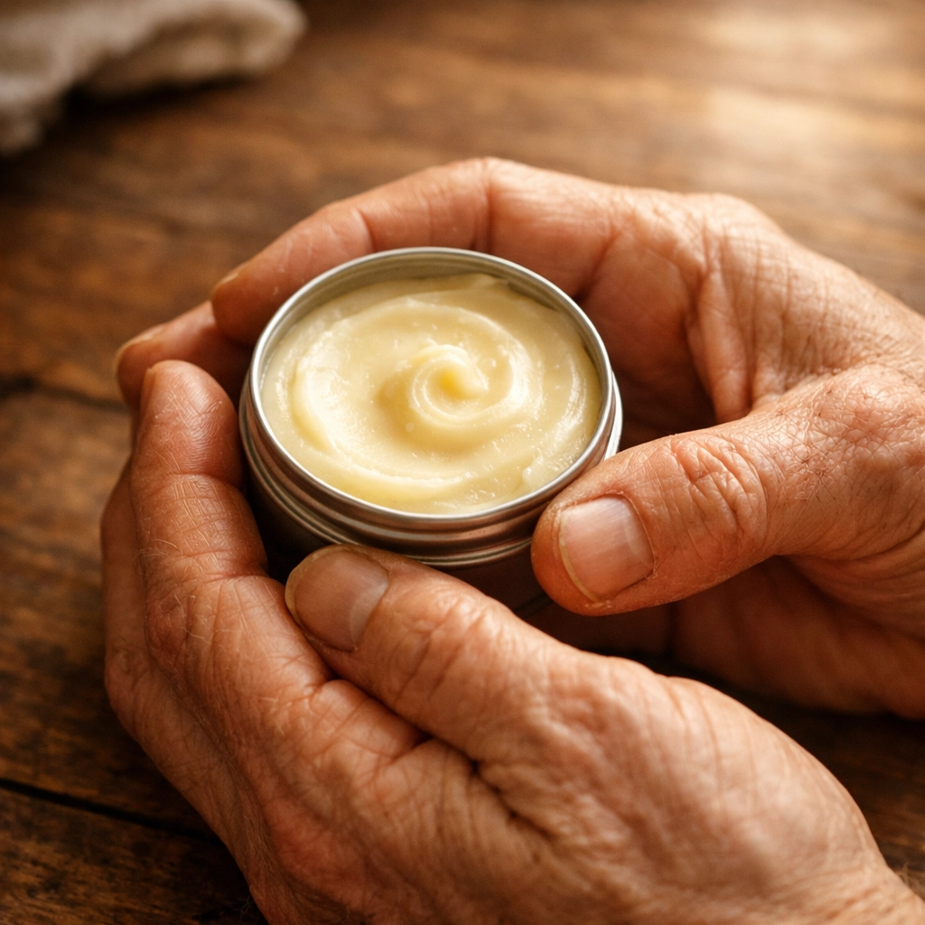 Dry cracked hands holding open tin of grass-fed tallow balm for winter skin repair