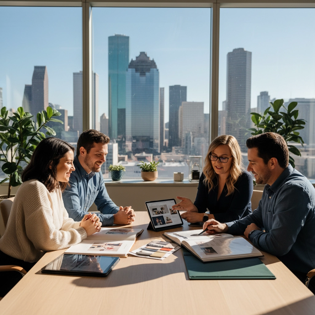 Four people in a bright office discuss over open books and a tablet. City skyline visible through large windows. Mood is collaborative.