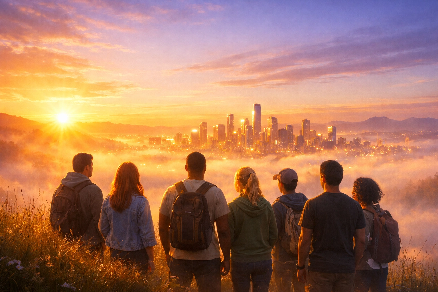 Young adults overlooking a glowing city at sunrise, symbolizing being a light through the Holy Spirit.