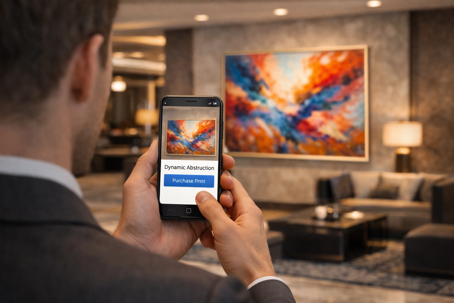 Hotel guest pointing a smartphone at lobby artwork for object recognition AR to trigger commerce options.