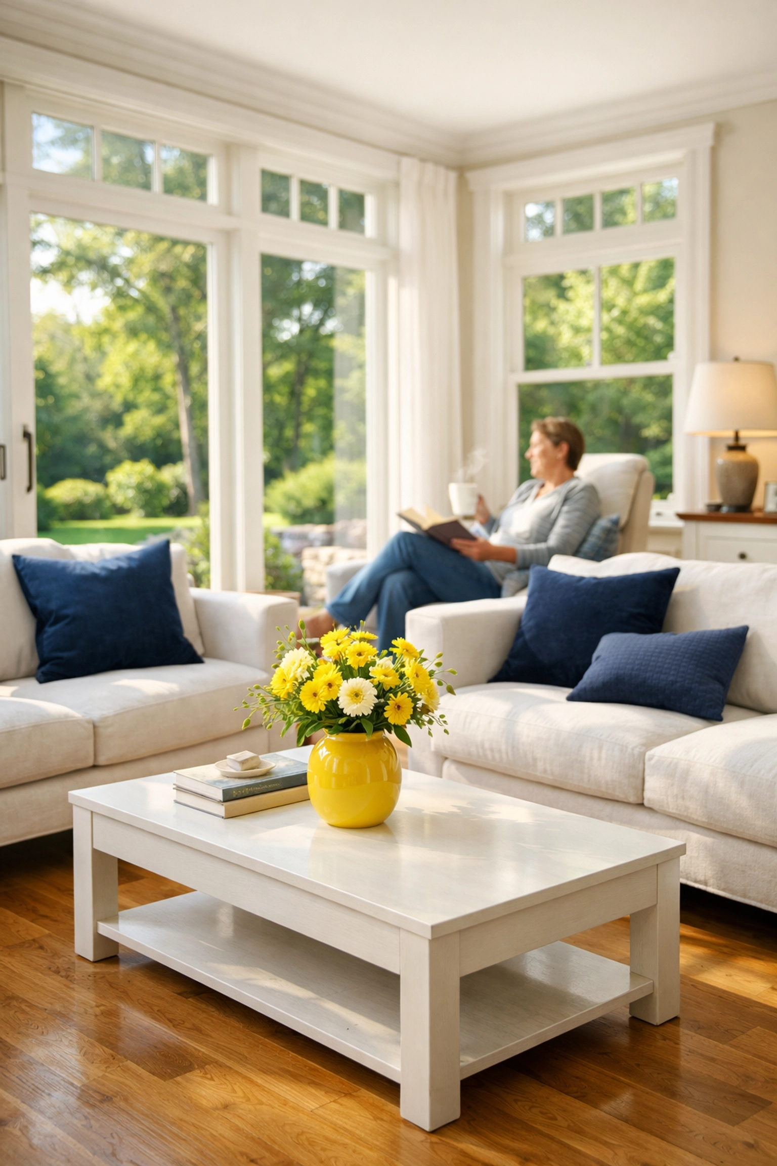 Clean, peaceful living room in a Stow MA home, reflecting the benefits of weekly house cleaning services.