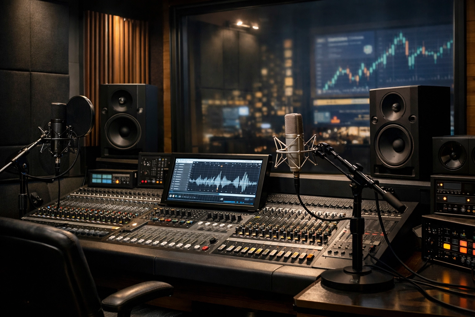 Modern professional music studio with mixing desk, microphones, and acoustic panels representing financial news India.