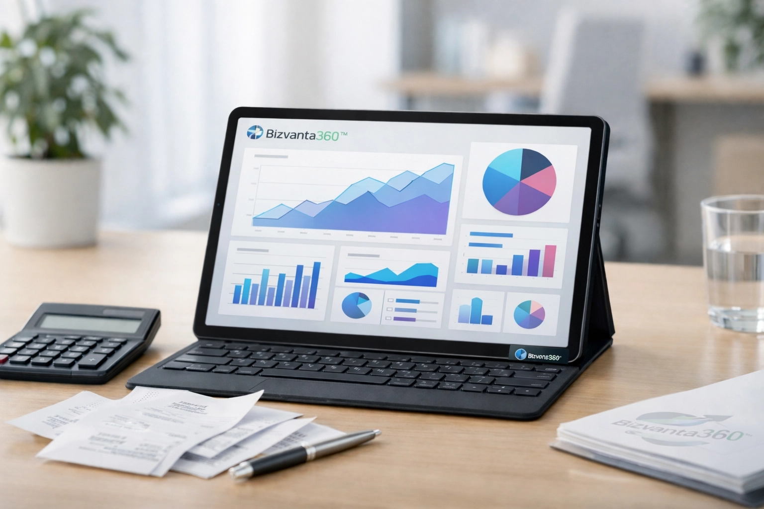 A modern tablet displaying a small business bookkeeping dashboard in a clean, professional startup workspace.