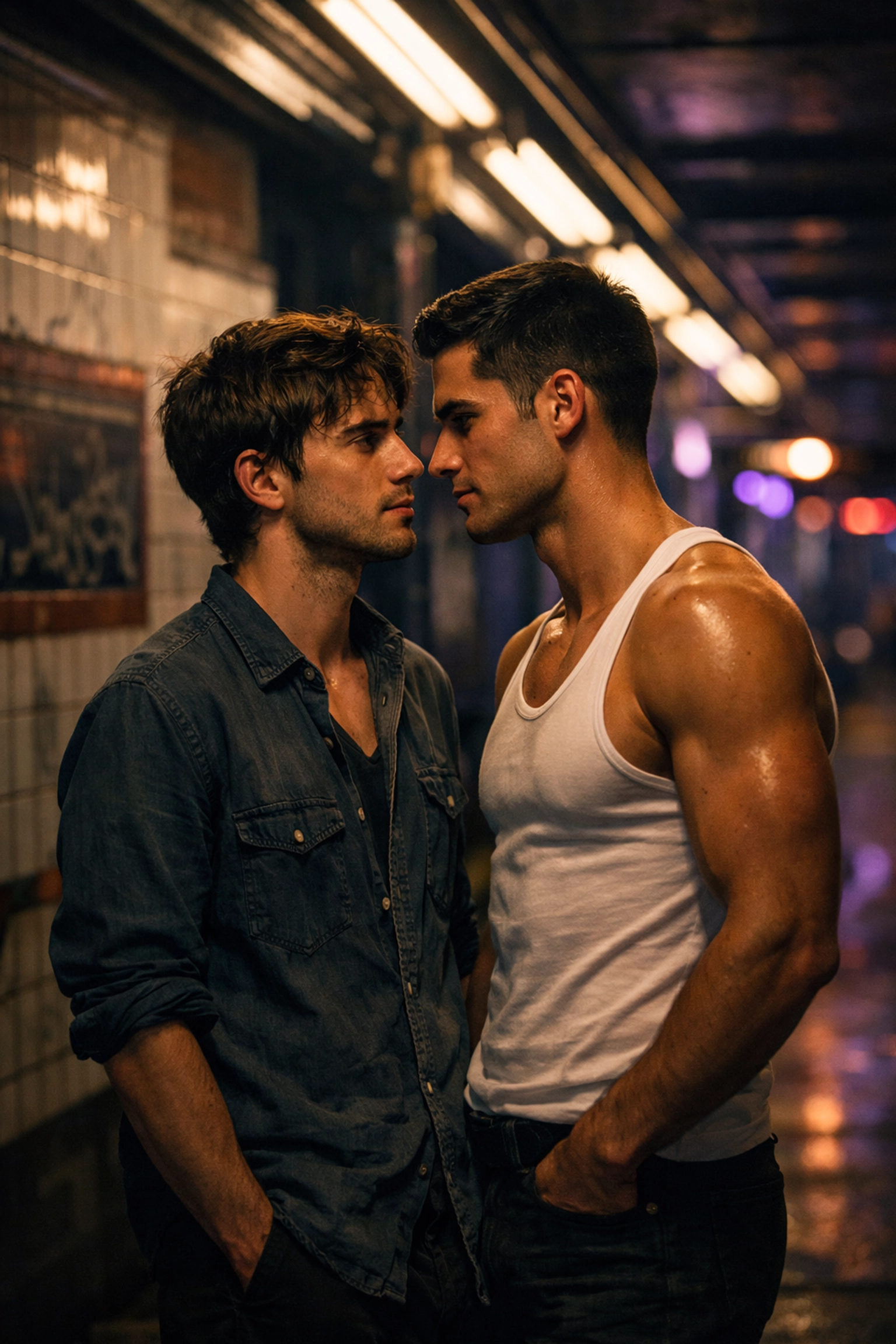 Two men meeting on NYC subway platform in gay romance film Trick