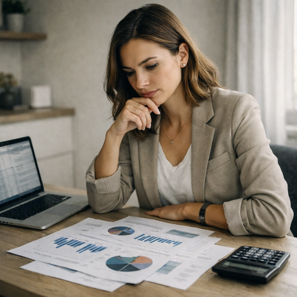 Entrepreneur reviewing financial documents and startup funding metrics at desk