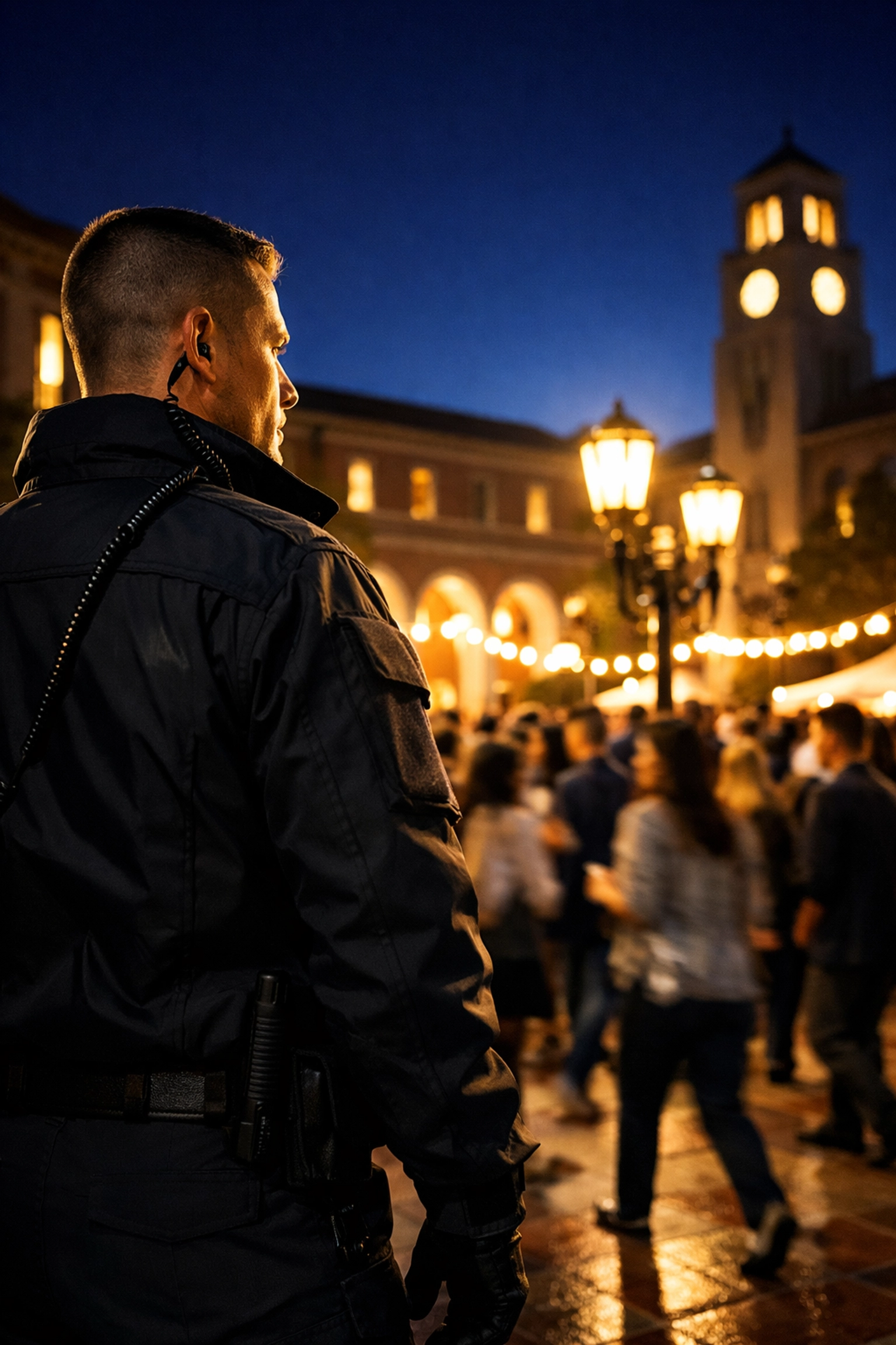 Security professional overseeing crowd safety during a high-profile event at a Northern Virginia campus.