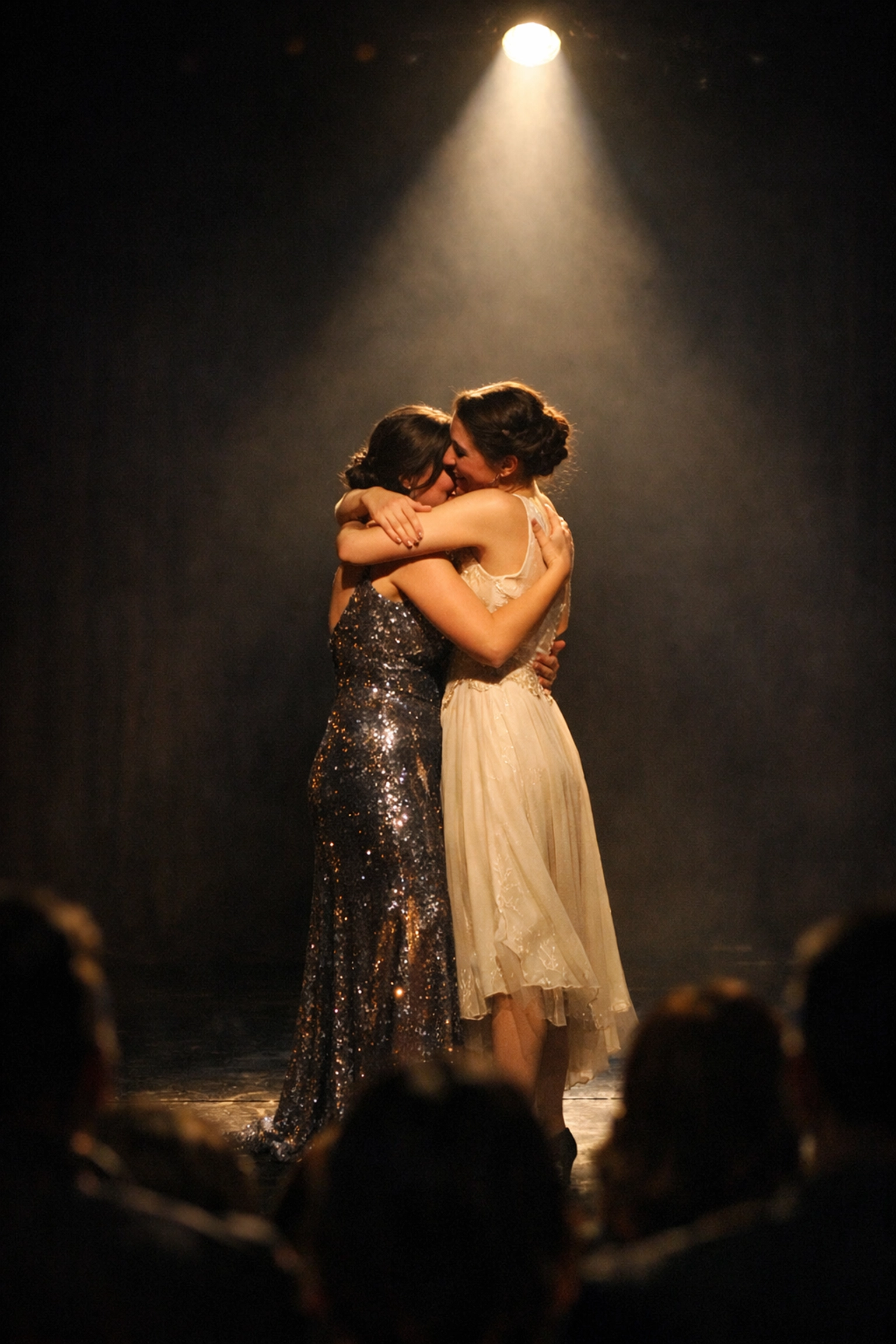Two women embracing on stage under spotlight representing LGBTQ+ visibility and love stories