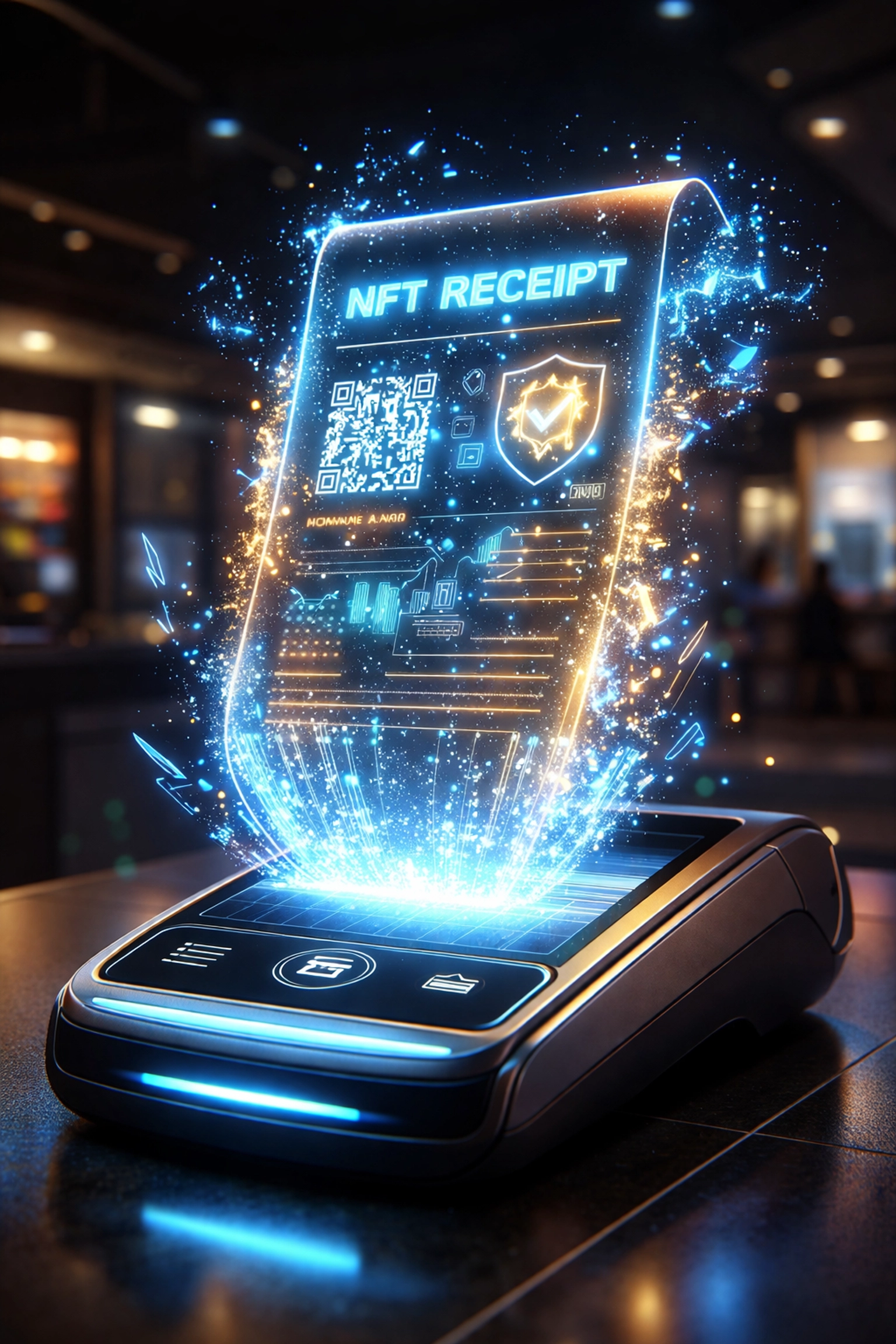 Futuristic digital NFT receipt above a crypto POS terminal showing Larecoin Web3 payment innovation.