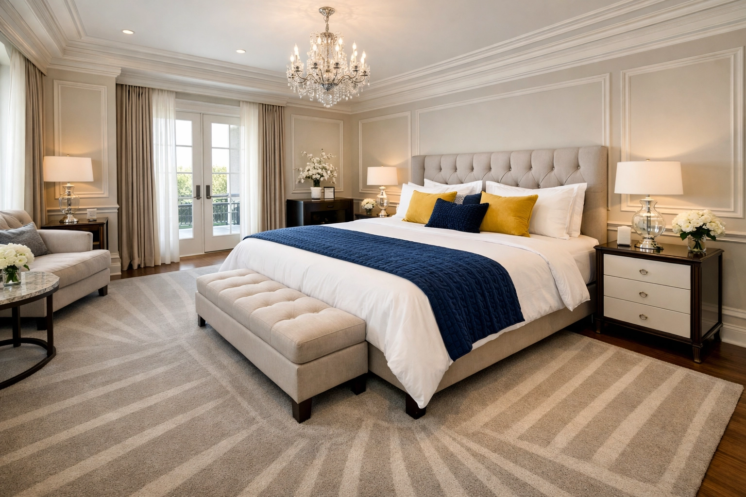 Pristine master bedroom with vacuum lines on the rug from a House Cleaning Pepperell MA visit.