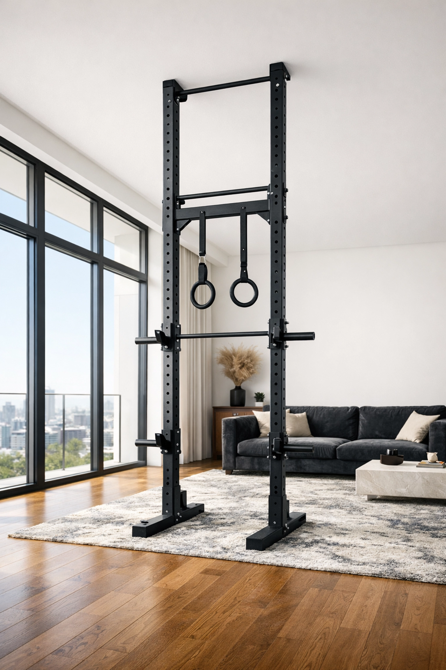 Floor to ceiling gym system in a modern minimalist loft apartment for a no wall damage workout.