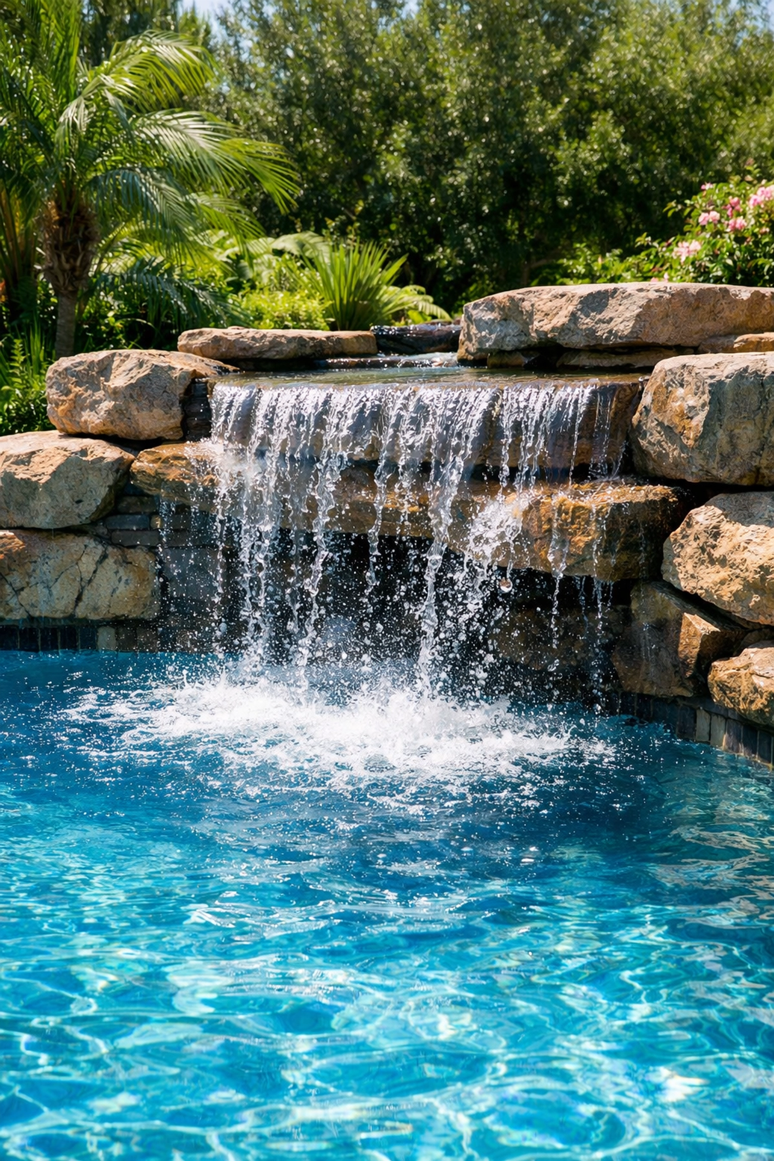 Water flowing from a stone pool waterfall feature which can increase evaporation and water loss.
