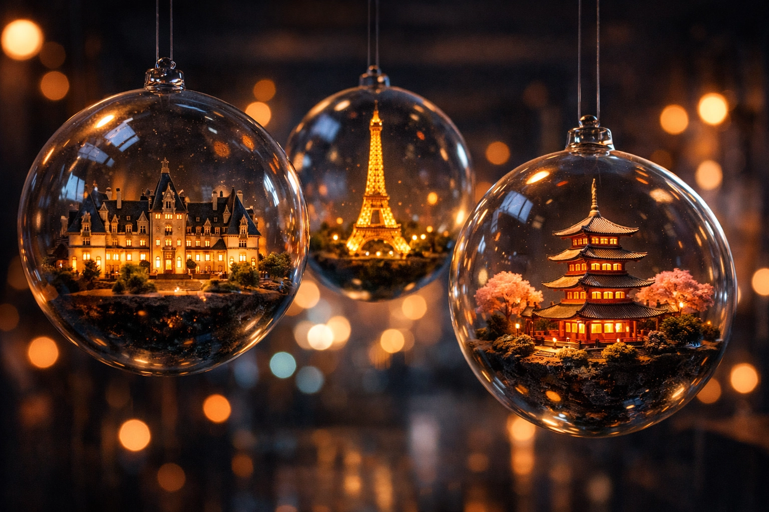 Global landmarks like the Biltmore Estate and Eiffel Tower illustrating international time zones.