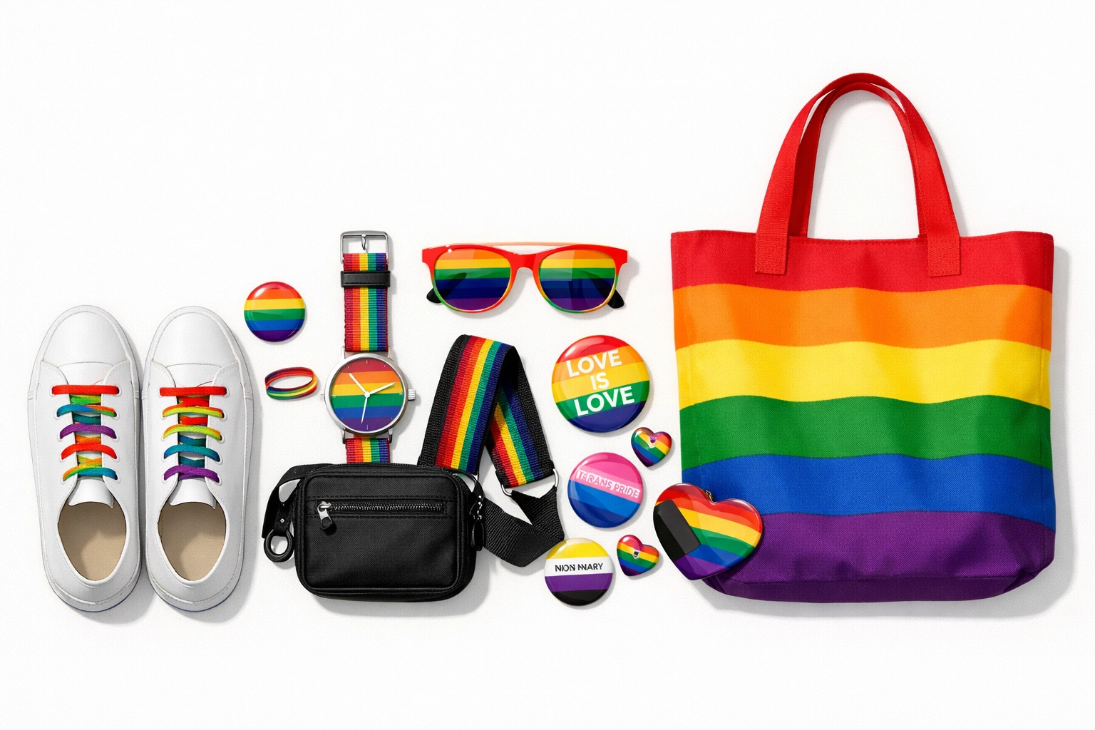 Spectrum of pride accessories from subtle rainbow pins to bold statement pieces