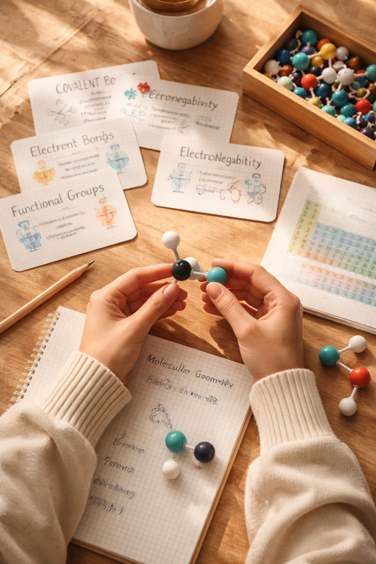 Hands assembling a molecular model kit with chemistry revision cards, perfect for A Level science study