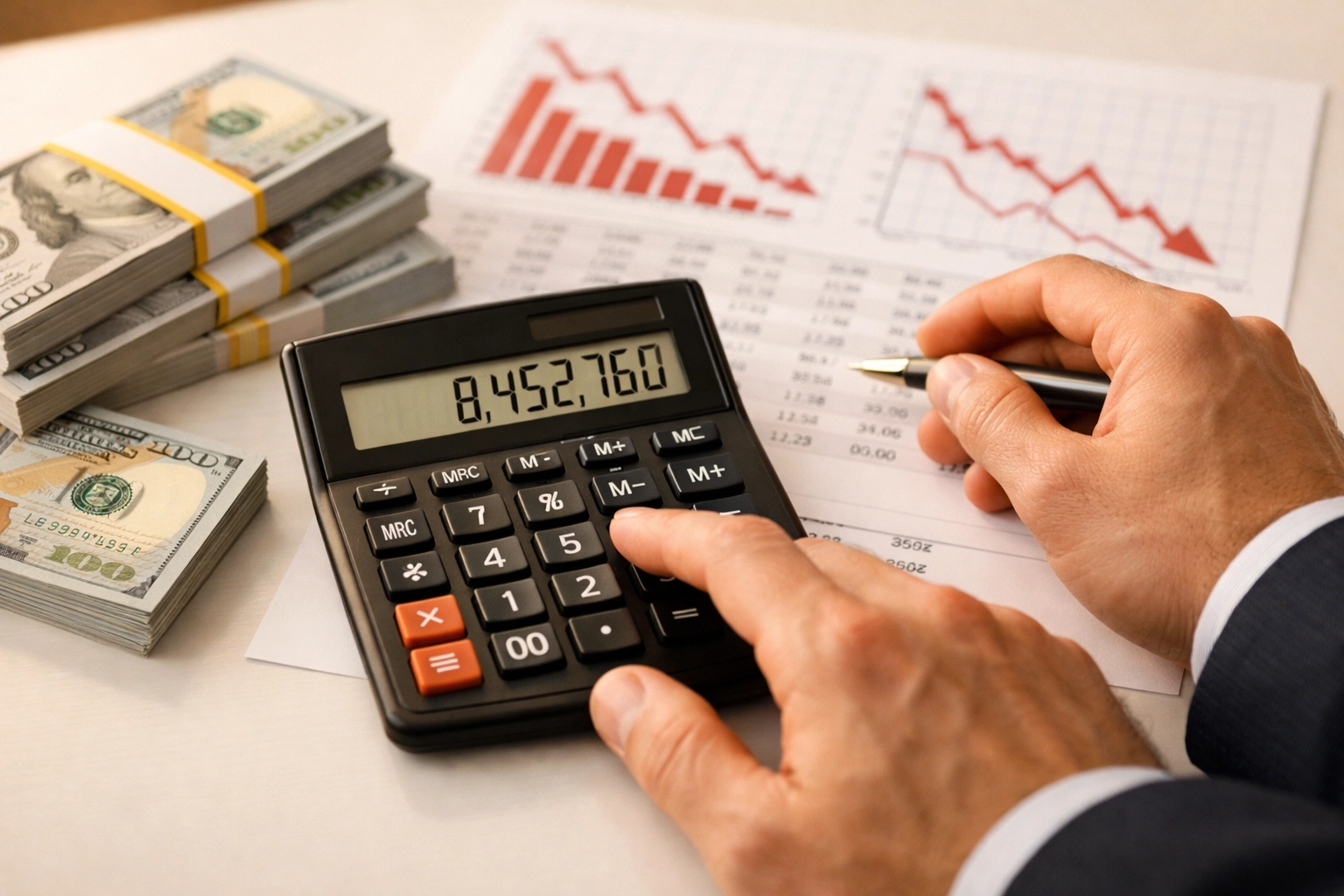 Calculating FBA fee impact on profit margins with calculator and financial spreadsheets