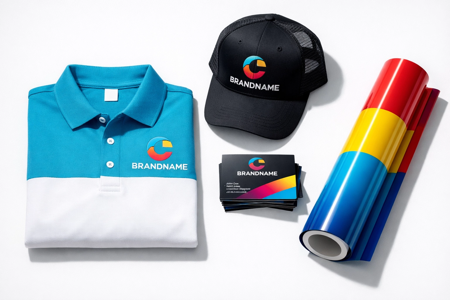 Complete business branding kit including custom shirts, hats, business cards, and vinyl decals.