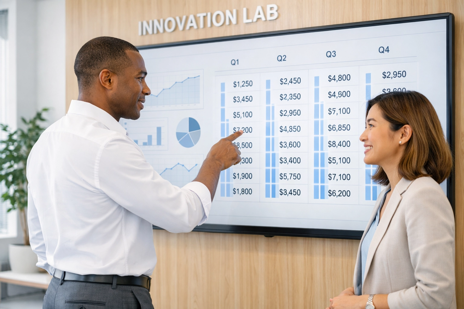 Business consultants collaborating on real-time financial data and automated reporting systems.