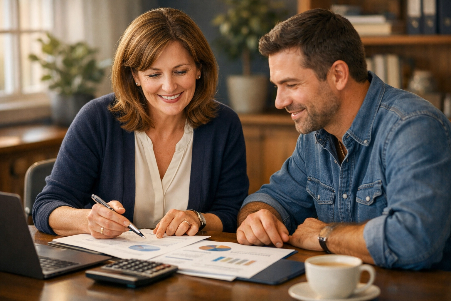 Professional bookkeeper consulting with small business owner on financial records