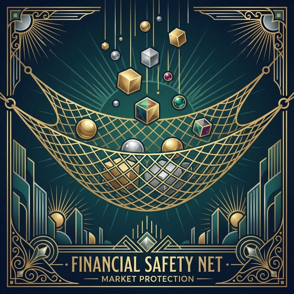 Golden mesh safety net catching abstract assets, symbolizing hedge fund protection and risk management in investment portfolios.