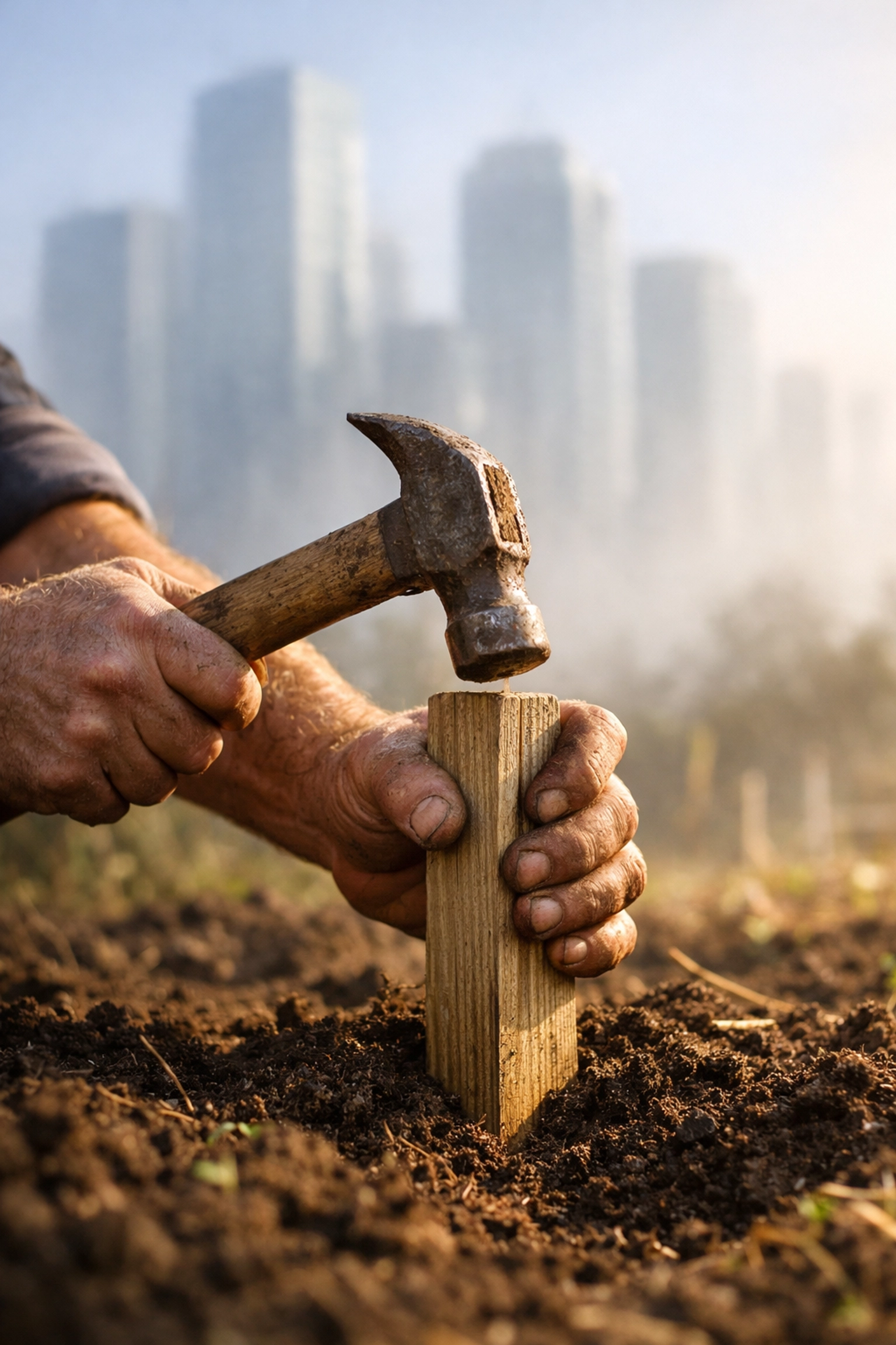 Working-class hands hammering a fence stake into the ground to protect a home from distant skyscrapers.